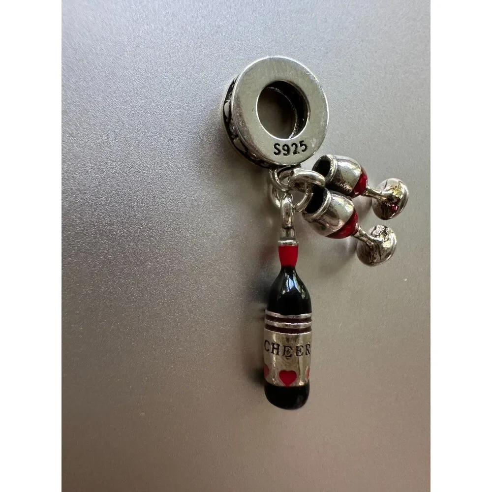 NWOT Pandora FIT Red Wine & Glasses Silver Dangle Charm